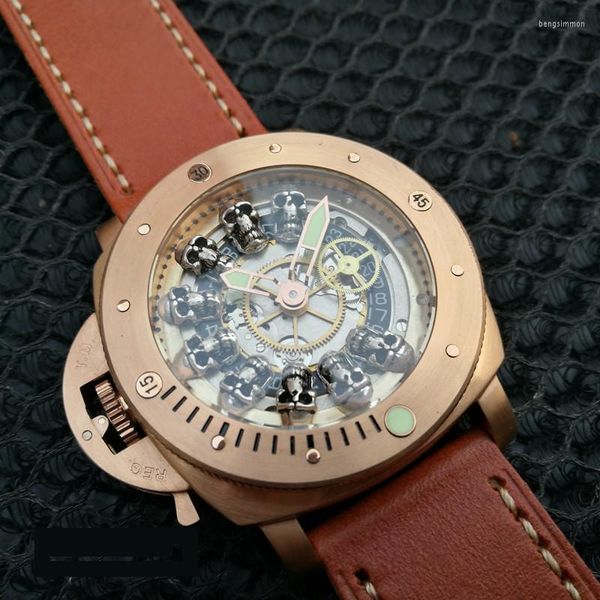 Armbanduhren Fat Sea Bronze Punk Schädel Mechanische Herrenuhr Leuchtende Original Edelstahl Retro Männer Skeleton Leder Luxusuhr