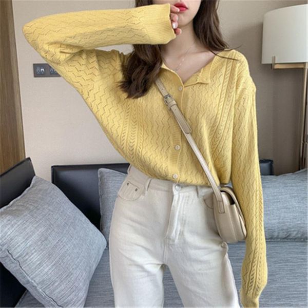 Maglia da donna T-shirt Moda Giacca lavorata a maglia Manica lunga Ragazza Primavera Estate Cardigan corto Maglione corto allentato Abbigliamento donna Giallo