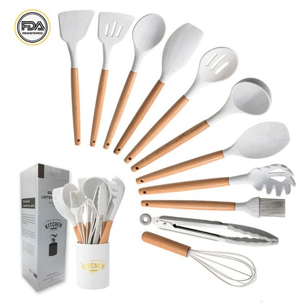 Parti di pentole 10/12PCS Set di utensili in silicone bianco Premium Spatola antiaderente Pala Manico in legno con scatola di immagazzinaggio Utensili da cucina 230217