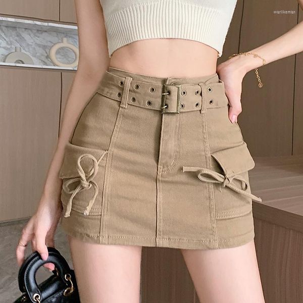 Skirts Bow Pockets Denim Jeans Skirt Women High Waist With Belted Mini Shorts Sheath Bodycorn Pencil Y2K Streetwear Tooling