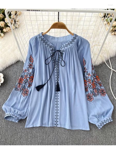 Blouses femininas Mulheres Spring Blusa Autumn Blusa étnica Retro redonda pescoço bordado borla Traque solto algodão e camisa de linho boneca casual d2763