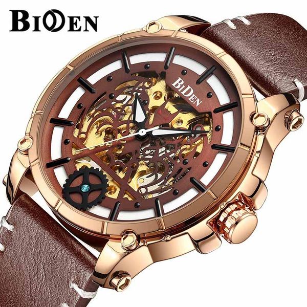 Orologi da polso Orologio da uomo BIDEN Orologi meccanici automatici freddi di lusso Scheletro marrone Uomo Steampunk Punk Orologio maschile Relogio Masculino