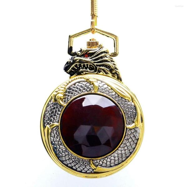 Pocket Watches Luxury Evil Dragon Watch Garnet Red Insert Pendente Quartz Clock Tone Ouro Caso Black Dial Big Crystal Relogio