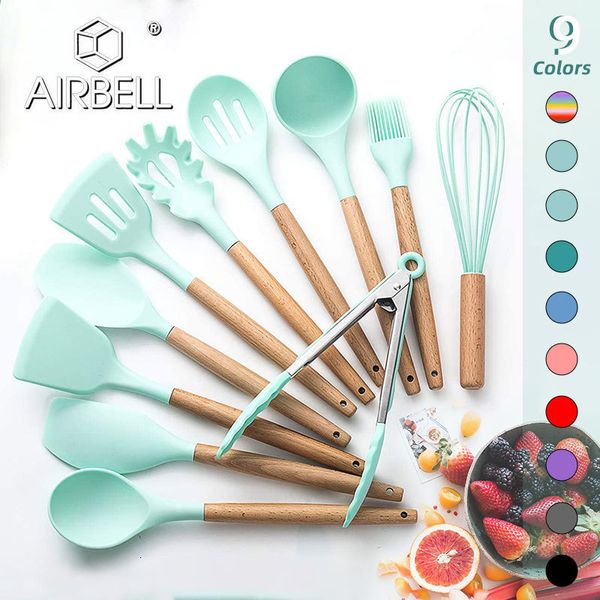 Parti di pentole Utensili da cucina 12 Set Utensili non tossici Spatola in legno di silicone Cucchiaio Accessori da cucina antiaderenti Gadget per barbecue 230217