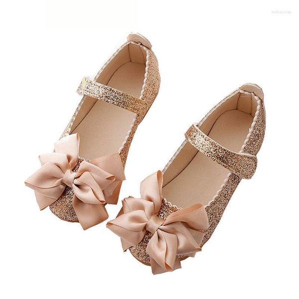 Sapatos chatos 2023 Spring Girls Leather for Kids Fashion Princesa Lantejous Bowknot Dress School Party Wedding