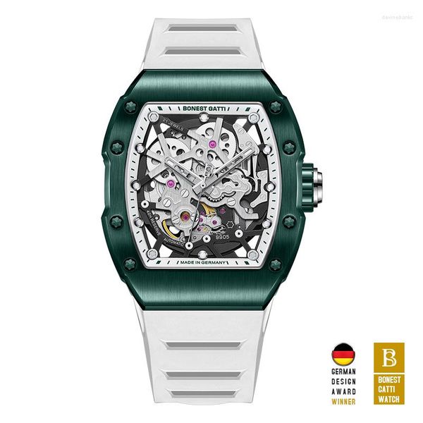 Orologi da polso BONEST GATTI Orologio automatico da uomo Orologio da polso meccanico Tonneau di lusso Scheletro Impermeabile Zaffiro Luminoso Cinturino in caucciù punk