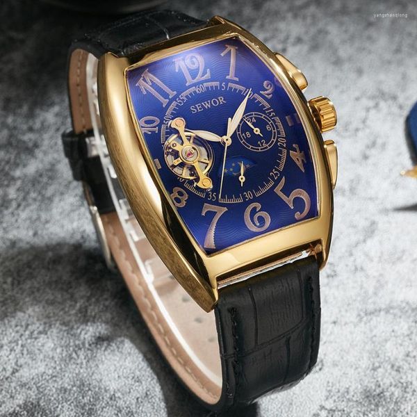 Relógios de pulso banda de couro genuíno relógio mecânico automático masculino de corda de ouro azul de ouro masculino para o pulso masculino