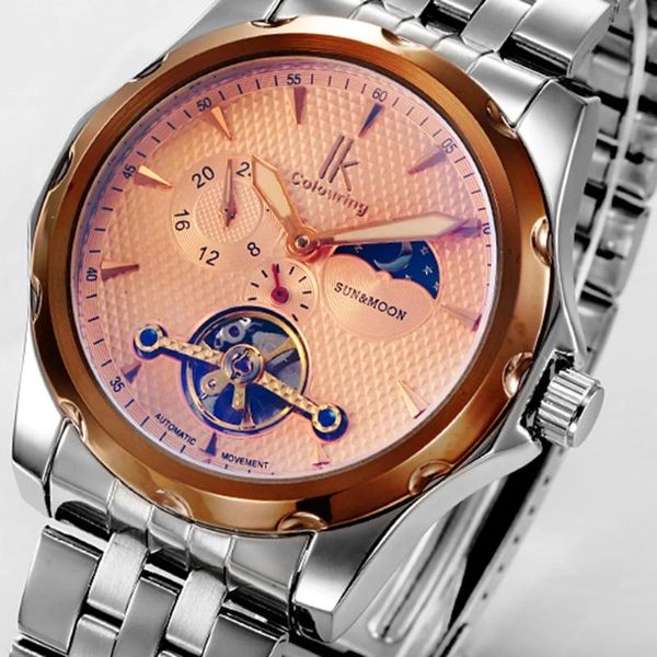 Armbanduhren IK Coloring Automatische selbstaufziehende mechanische Herrenuhr Sun Moon 24 Stunden Tourbillon Buntes Glas Casual Male Armbanduhr