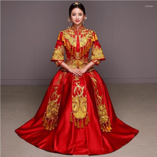 Etnik Giyim Kırmızı Gelin Gelinlik Geleneksel Antik Qipao Çin tarzı İşlenmiş Kostüm Vintage Cheongsams