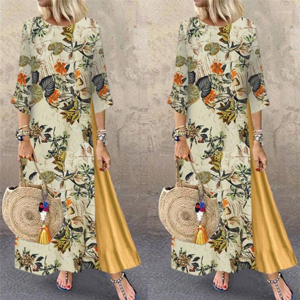 Lässige Kleider Wäsche Langes Maxikleid Bohemian Strand Frauen Blumenhalle halbe Ärmel loser Nähte Boho Sunddress Vestidos Plus Size 5xl