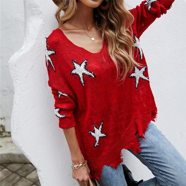 Camisolas femininas omsj outono inverno mulheres tricotar jumper v pescoço de manga longa estrelas impressas de festas de natal de natal casual lady suéter tops