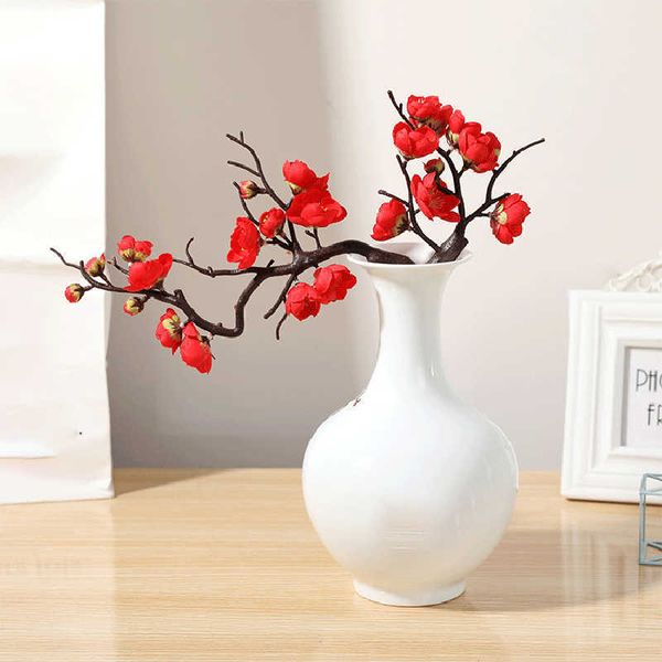 Flores decorativas grinaldas cereja vermelha flor de ameixa seda flores artificiais ramo de plástico para casamento casa diy decoração espuma natal berry flores falsas