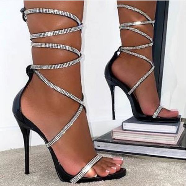 2023 Kadınlar Rhinestone Snake Strass Stiletto Sandalet Akşam Gecesi Kulübü Seksi Topuklu Ayakkabı Kadınlar Yüksek 12 Cm Topuk Ayak Bileği Sargısı Siyah Boyut 35-42 Kutu Yok #A012