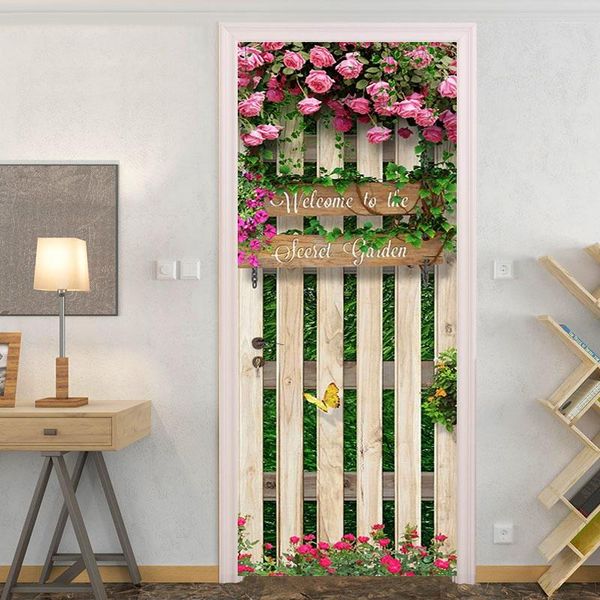 Papéis de parede PVC Adesivo de porta auto-adesiva 3D Placa de madeira Flores de rosa Mural papel de parede Restaurante Restaurante Poster Adesivos à prova d'água