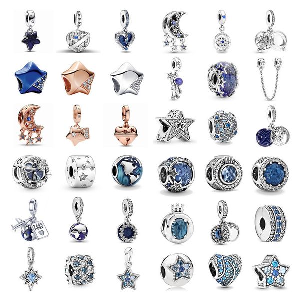 925 Серебряные серебряные женские женские таблицы Blue Star Counts, Beads, совместимые с браслетом Pandora, ожерелье, ювелирные изделия ручной работы, амулет астронавта, подарок