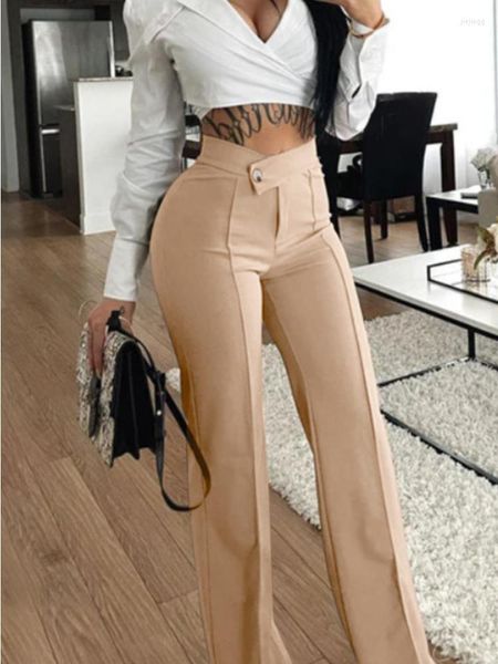 Kadın pantolon zarif zemin uzunluğu Kadınlar yüksek bel tam geniş bacak ince fit temel pantolonlar ofis günlük dipler