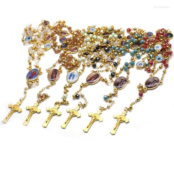 Collane con ciondolo QIGO Cattolico Perline di metallo Collana con rosario di cristallo Lunga color oro Gesù Croce Neckalce Religioso Prega gioielli