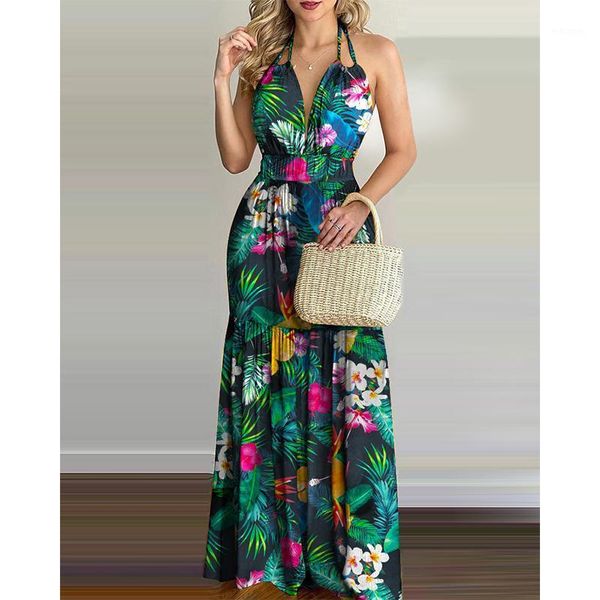 Vestidos casuais 2023 mulheres estampas tropicais halter backless maxi vestido de verão férias de primavera sem mangas sexy boho praia floral