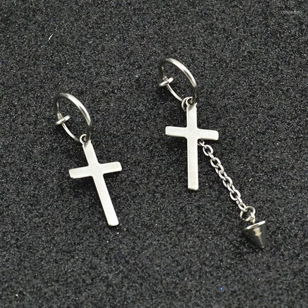 Baumelnde Ohrringe, Creolen für Damen, Modeschmuck, Clip am Ohr, ohne Piercing, Edelstahl, Kreuzkette, Anhänger, sexy Herren-Ohrring