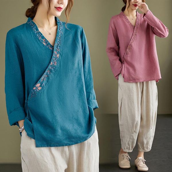 Ethnische Kleidung Frauen Herbst Retro Hanfu Tops Chinesischen Stil Tang-anzug Bluse Zen Gestickte Baumwolle Leinen Hemd Mantel Lässige Strickjacke robesEt