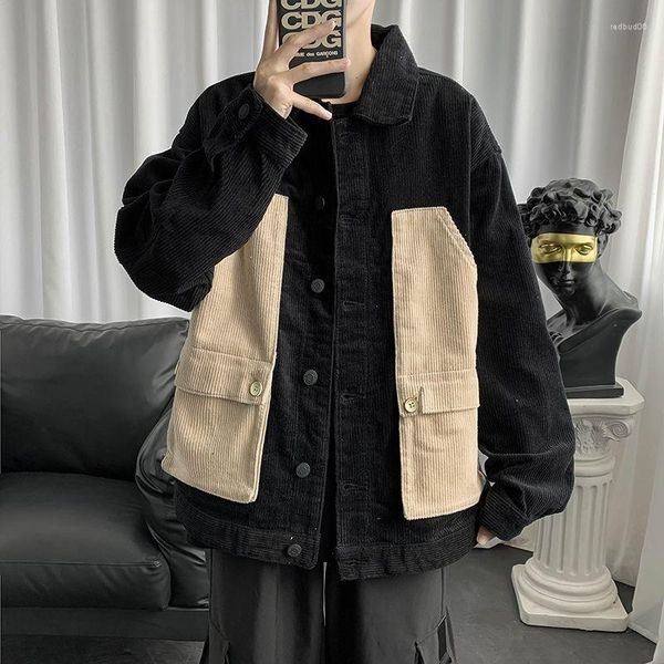 Herrenjacken HOUZHOU Vintage Patchwork Cordhemden Männer Jacke Mantel Khaki Retro Button Langarm Männlich Lose Tops Japanische Streetwear