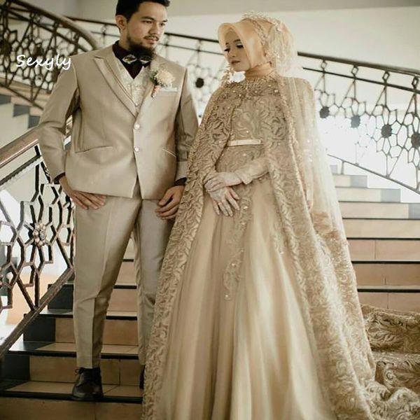 Hochzeitskleid Andere Kleider Luxus-Kaftan-Muslim mit Umhang Elegante Spitze Langarm Dubai Brautkleider 2023 Böhmisches LandkleidAndere