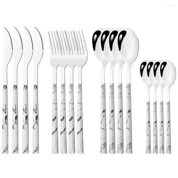 Set di stoviglie 16 pezzi Set di posate in acciaio inossidabile bianco Coltello Forchetta Cucchiai Posate Imitazione Manico in legno Morsetto Stoviglie occidentali