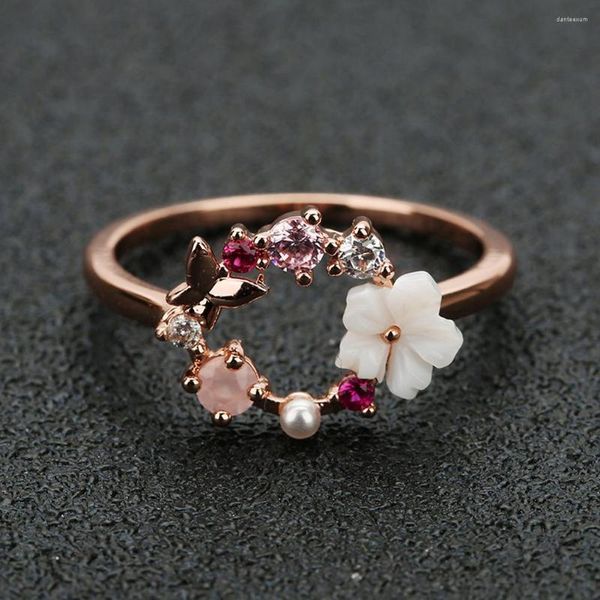 Обручальные кольца милые романтические цветочные кольцо бабочки розовое золото хрустальное циркониевое камень изящные украшения для женщин для женщин. Размер 6-10