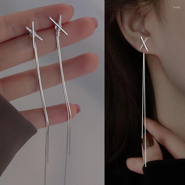 Orecchini pendenti JWER Stile semplice Croce Nappa a catena lunga Goccia per orecchini da donna Linea di piercing Due modi di usura Gioielli per le orecchie alla moda