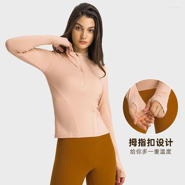 Camisas ativas de inverno dupla face nylon meio zip stand pescoço yoga yoga elástica feminina cintura apertada esportes esbeltos