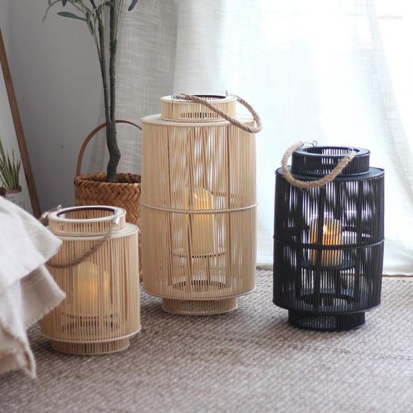 Kerzenhalter Rattan Wind Lampe Tragbare Kerzenhalter Ornamente El Modell Zimmer Balkon Dekoration Laternen Nordic Einfache Japanische Stil