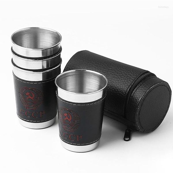 Tazze Piattini 4 Pz/set Mini Bicchiere da Vino in Acciaio Inox Tazza di Vodka Lucido Bere S Occhiali con Custodia in Pelle Borsa per Bar