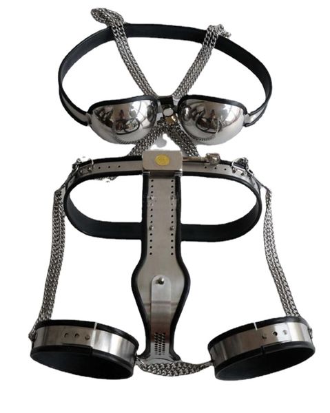 Dispositivi di castità di alta qualità Intimo femminile in metallo T Pant Cintura Coscia Polsino Reggiseno in acciaio inossidabile Manette Collare