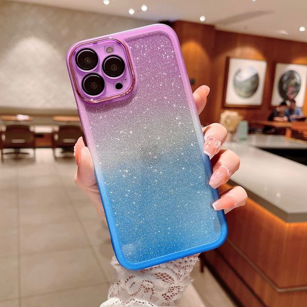 Bling Glitter Plating Gradient Rainbow Clear Cases Silikon stoßfeste Abdeckung mit Kameraobjektiv Filmschutz für iPhone 14 13 12 11 Pro Max