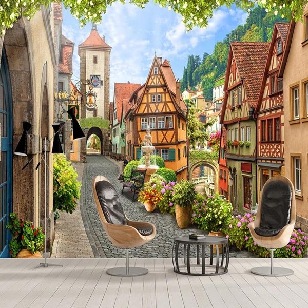 Tapeten Benutzerdefinierte Selbstklebende Tapete Europäische Stadt Straße Landschaft 3D Wandbild Wohnzimmer Café Restaurant Moderne Hintergrund Wanddekor