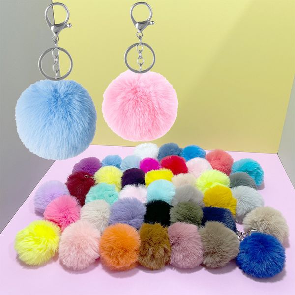 8CM Fluffy Faux Rabbit Fur Ball Portachiavi Donna Ragazze Car School Bag Portachiavi Carino Pompon Portachiavi Accessori per gioielli Ciondolo portachiavi in metallo argento 35 colori Disponibile