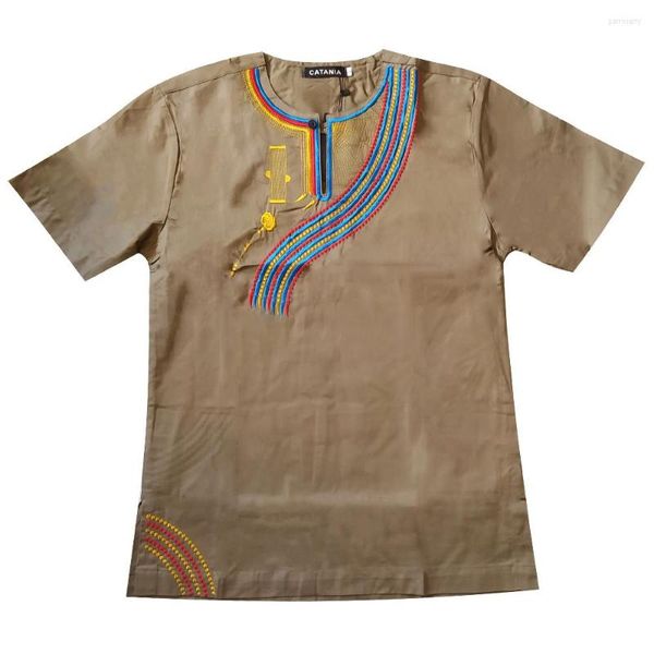 Camisetas para hombre, camiseta de manga corta con diseño bordado de cuello levantado en D de verano para hombre africano Vintage, ropa fresca, Tops para adultos