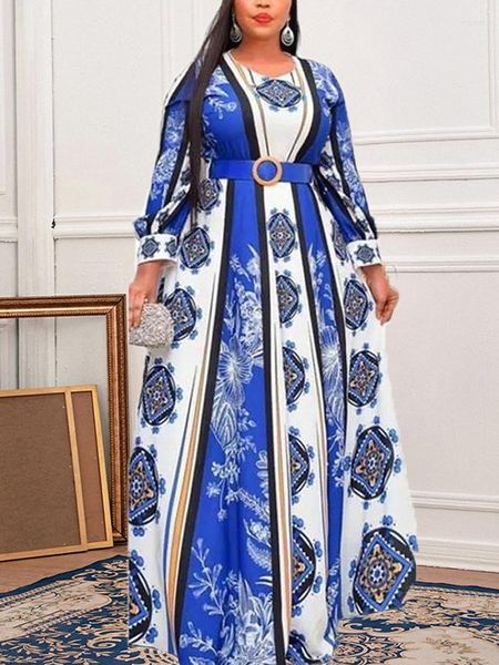Vestidos casuais africano maxi long for women dashiki manga estampada com cinto de uma linha roupas kaftan dubai moda abaya mantos 5xl