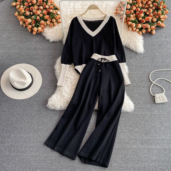 Autumn New Pant Sets Women V-neck Contrast Color Knitted Tops Elastic High Waist Wide-leg Pants Two-piece Suit 2023