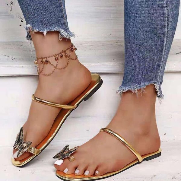 Sandalen Sommer 2023 Damenschuhe Mode Lässig Outdoor Open-toed Strand Hausschuhe Reine Farbe Schmetterling Flache XL 43