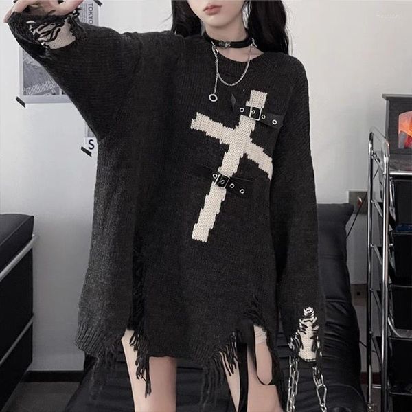 Kadın Sweaters Y2K Kız Beyaz Çapraz Tokal Tasarlı Tassel Kadınlar Siyah Gotik Kazak Sweater 2023 Kış Harajuku Mujer Goth Jumpers