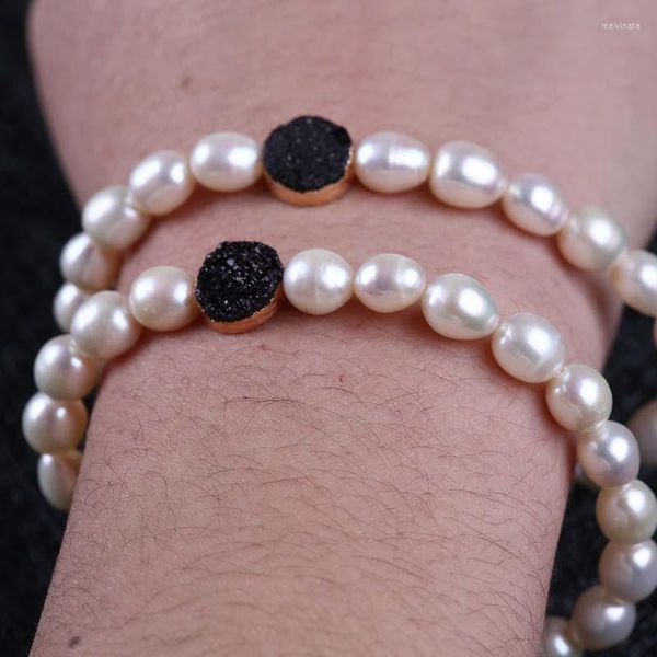 Filo di perle d'acqua dolce naturali, bracciale in pietra druzy nera, per regalo da donna