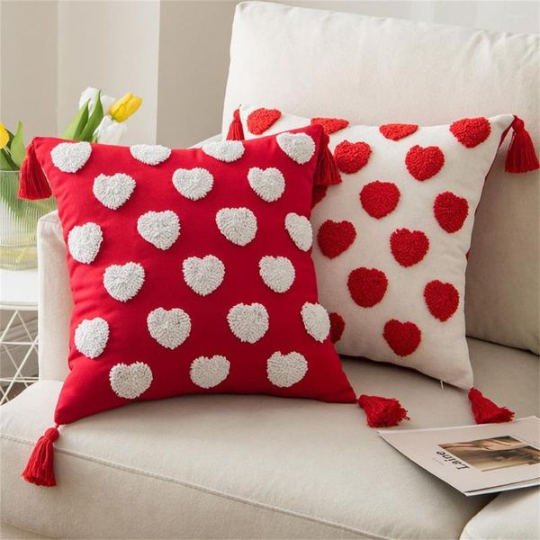 Federa per cuscino con motivo a cuore, design trapuntato, decorativa, portatile, con nappa, decorazione per banchetti di nozze, feste per la casa