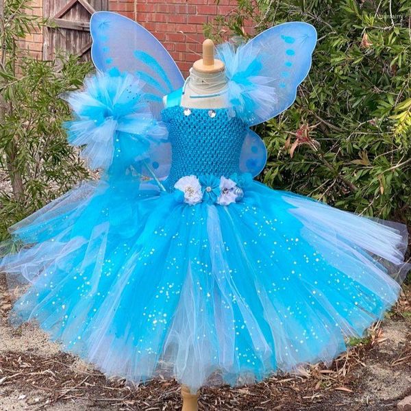 Vestidos de niña, vestido de tutú con purpurina azul y blanco para niñas, Hada de las flores para niños con ala de mariposa, disfraz de fiesta para niños, princesa