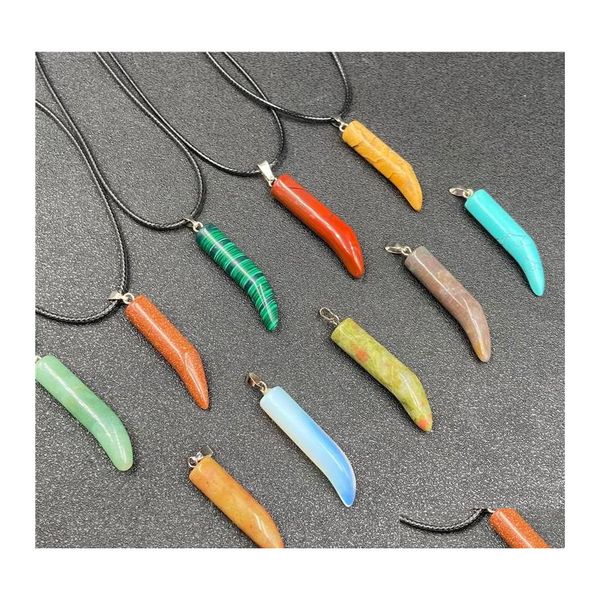 Anhänger Halsketten Mode Ochsenhorn Form Chakra Natürliche Steine Halskette Reiki Heilung Kristall Charms Für Männer Frauen Schmuck Schwarz Seil DHF0K