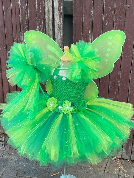Meninas vestidos meninas meninas de fada de flor verde Kids Glitter Tutu com asa de borboleta e bastão de penhas de peixe infantil trajes de festa de cosplay