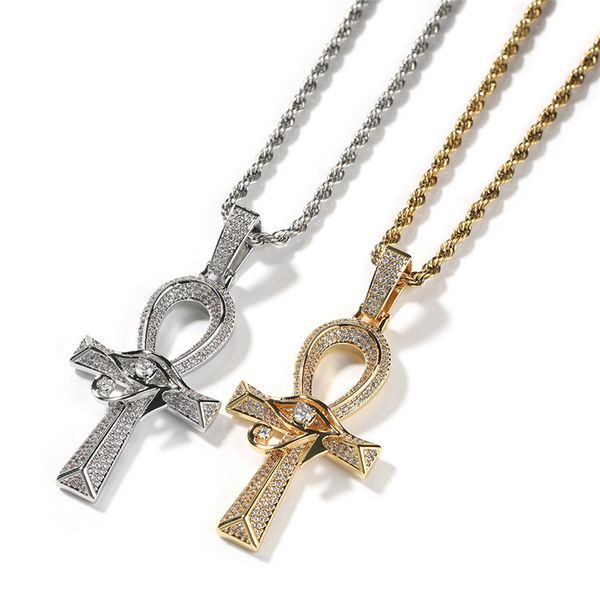 Hip Hop Iced Out Eye Angel Kreuz Anhänger Halskette Gold versilbert mit Seilkette Tennis Halsketten