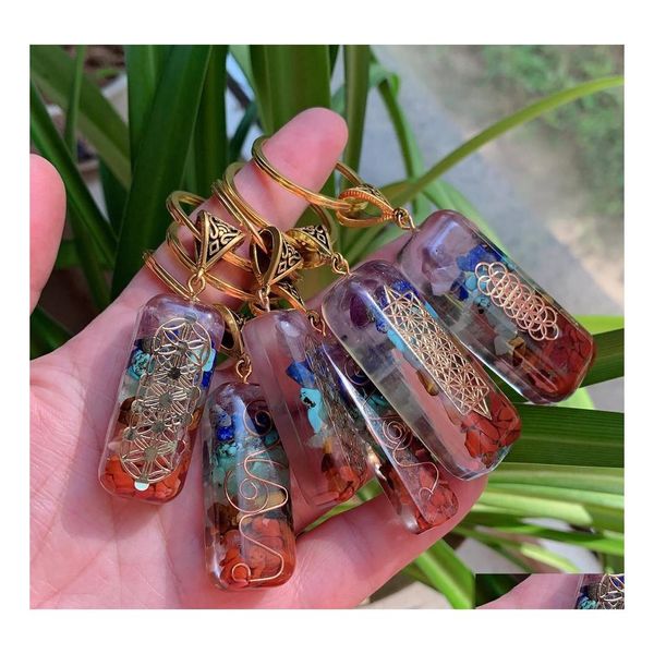 An￩is -chave 7 Chakras Orgonekey KeyChain Energy Orgonite Crystal Stone Healing Grosp AMET para medita￧￣o de carros Reiki om Gift Drop Dheo9