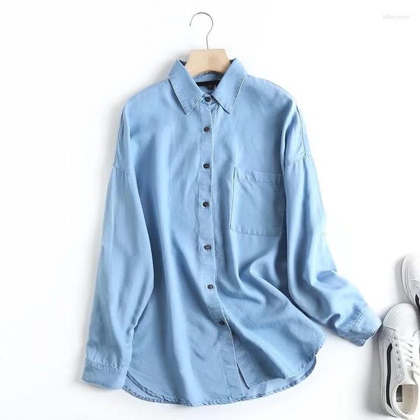 Damenblusen Maxdutti Loose Sky Blue Pockets Oversize Boyfriend Denim Bluse Damen England Style Indie Folk Retro Wshed Shirt