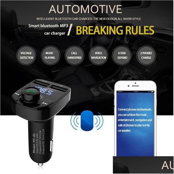 Bluetooth Car Kit FM-Transmitter Hand-MP3-O-Player Spannungserkennung Geräuschunterdrückung Dual-USB-Ladegerät Drop Delivery Mobiles Motor Dhcc9